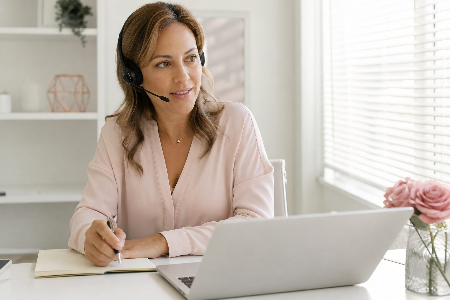 Scheduler wearing a headset taking notes at a bright white desk in a screening center