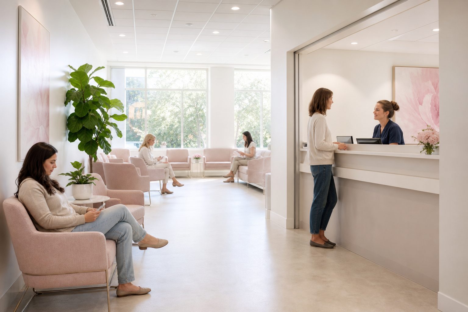 Bright waiting area with pale blush chairs and a staffed reception window at a women's imaging center