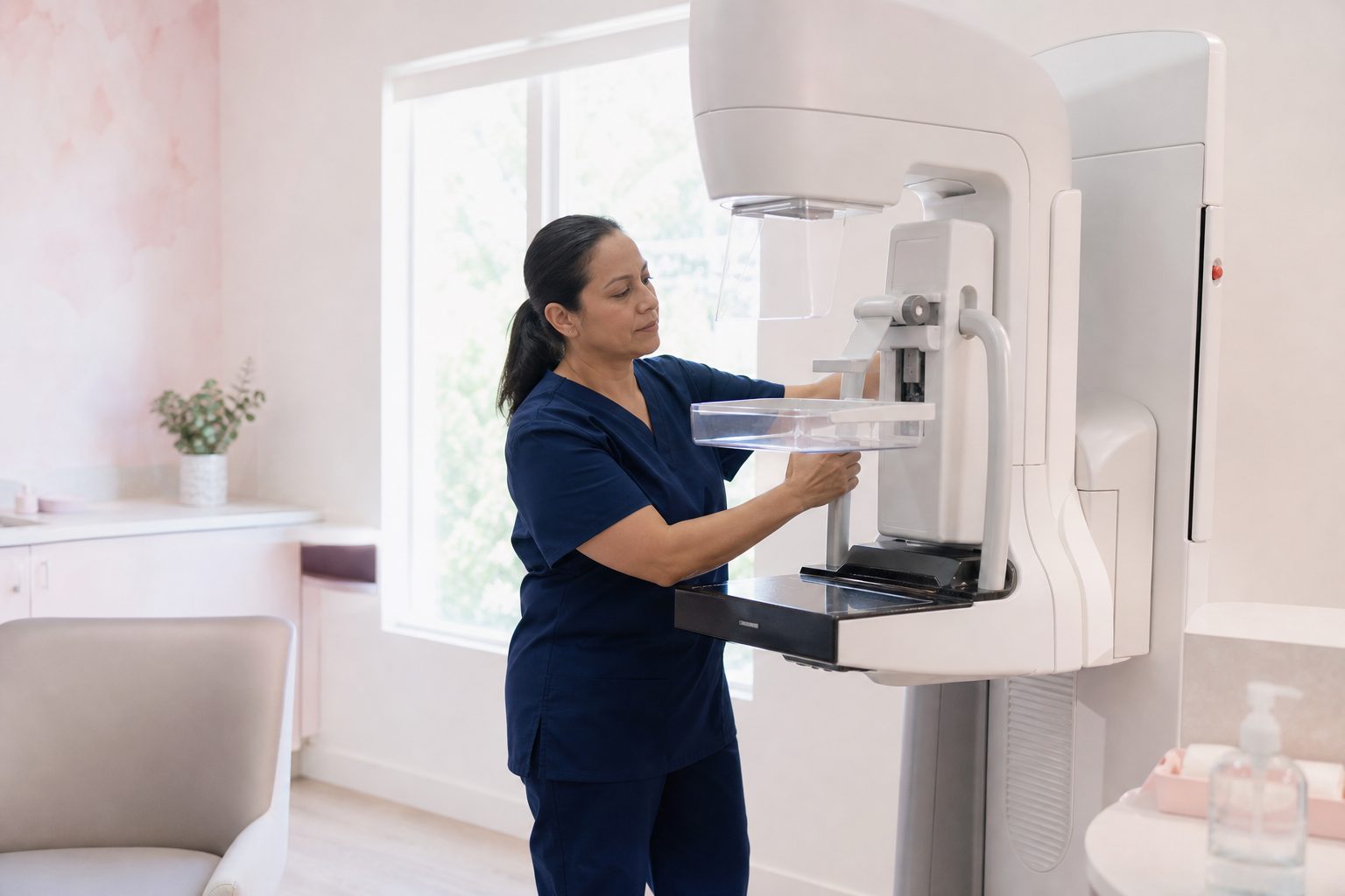 Technologist preparing equipment in a bright white mammography screening room