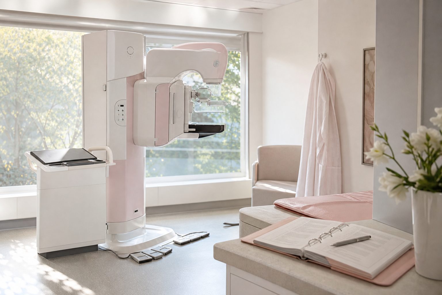 Empty mammography suite in soft morning light with an open appointment ledger on the counter