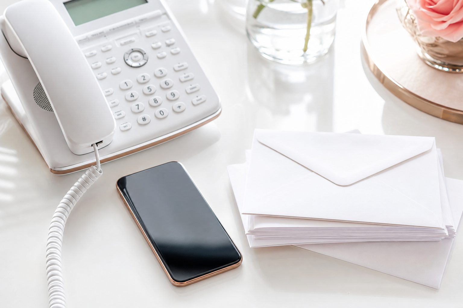 Desk phone, smartphone and stack of envelopes arranged on a bright white workstation