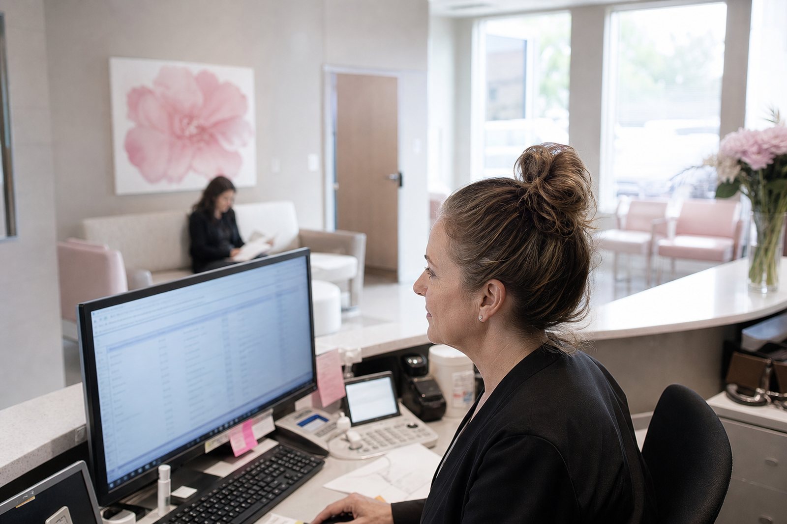 A scheduler at the bright reception desk of a women's imaging center reviewing the annual recall list on a monitor