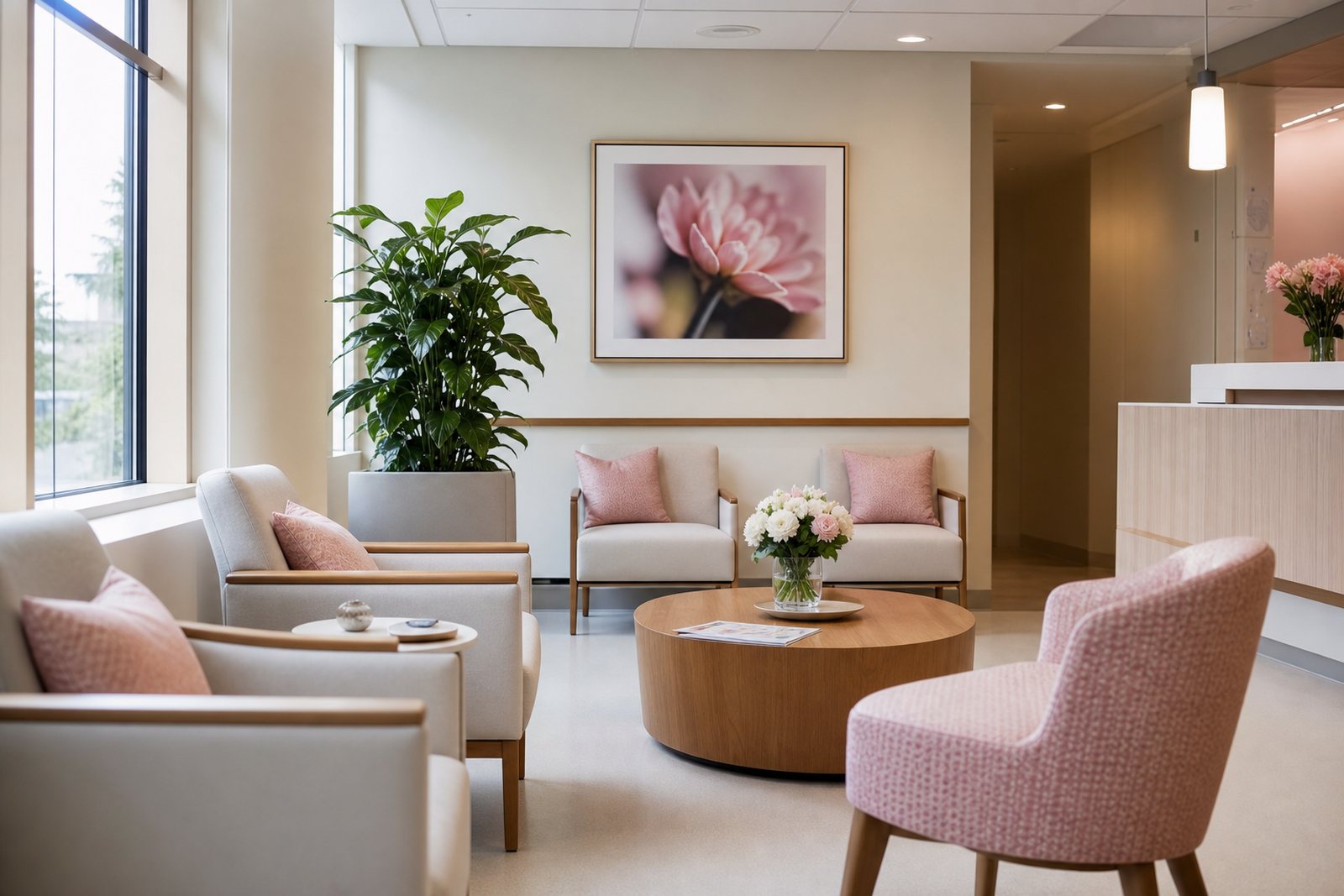 A bright modern waiting area at a women's imaging center with upholstered chairs, a plant and daylight through tall windows